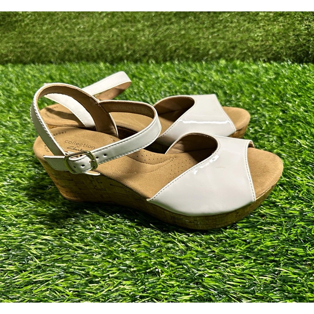 Clarks Women's White Wedge Ankle Strap Buckle Sandals Wide US 9.5